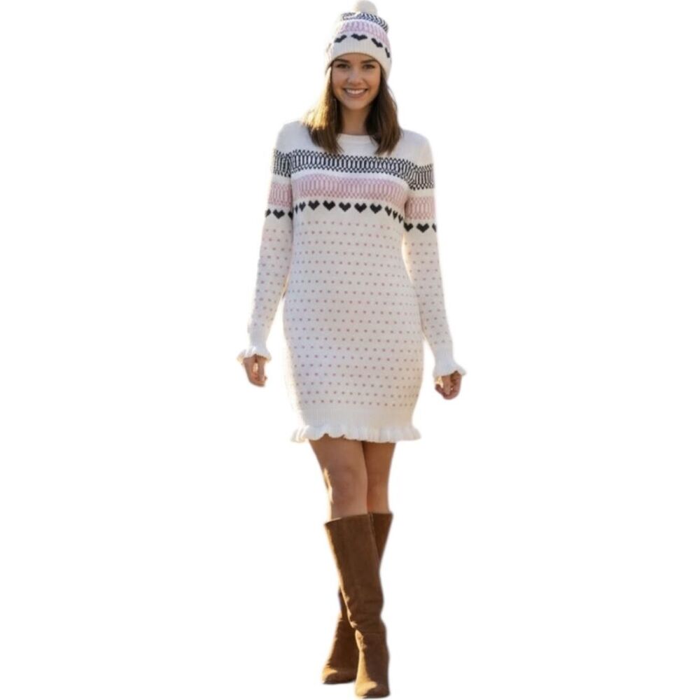 Heart & Heels 2Pc Sweater Dress Women's Large White Heart Fair Isle Knit Hat Set